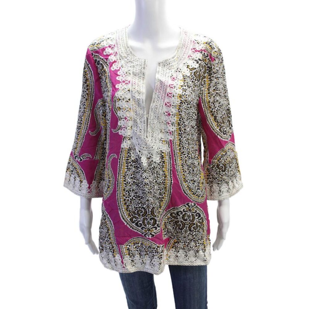 Craig Taylor Womens Silk +Cotton Blend Abstract Pullover Tunic Top Pink Size M
